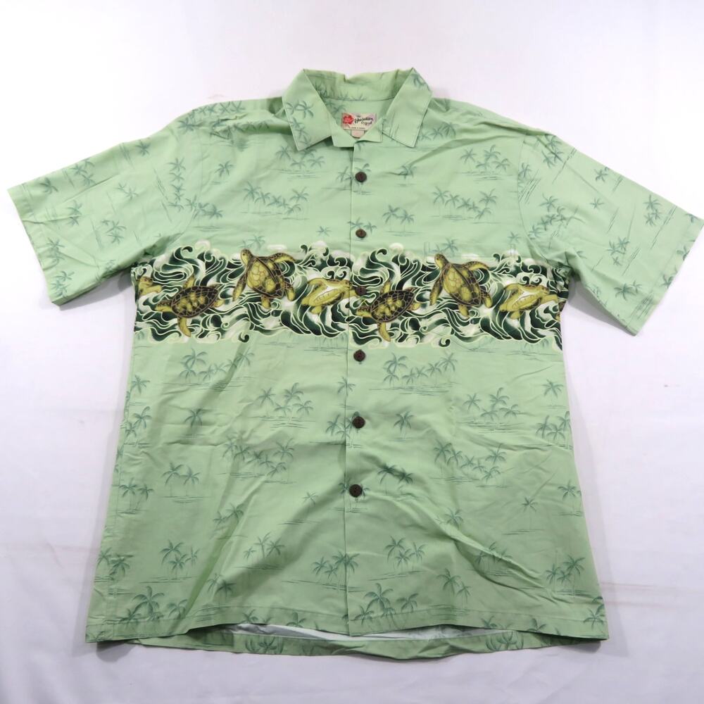 Hilo Hattie Shirt Hawaiian Turtle Floral Palm Tree Green Sz XL